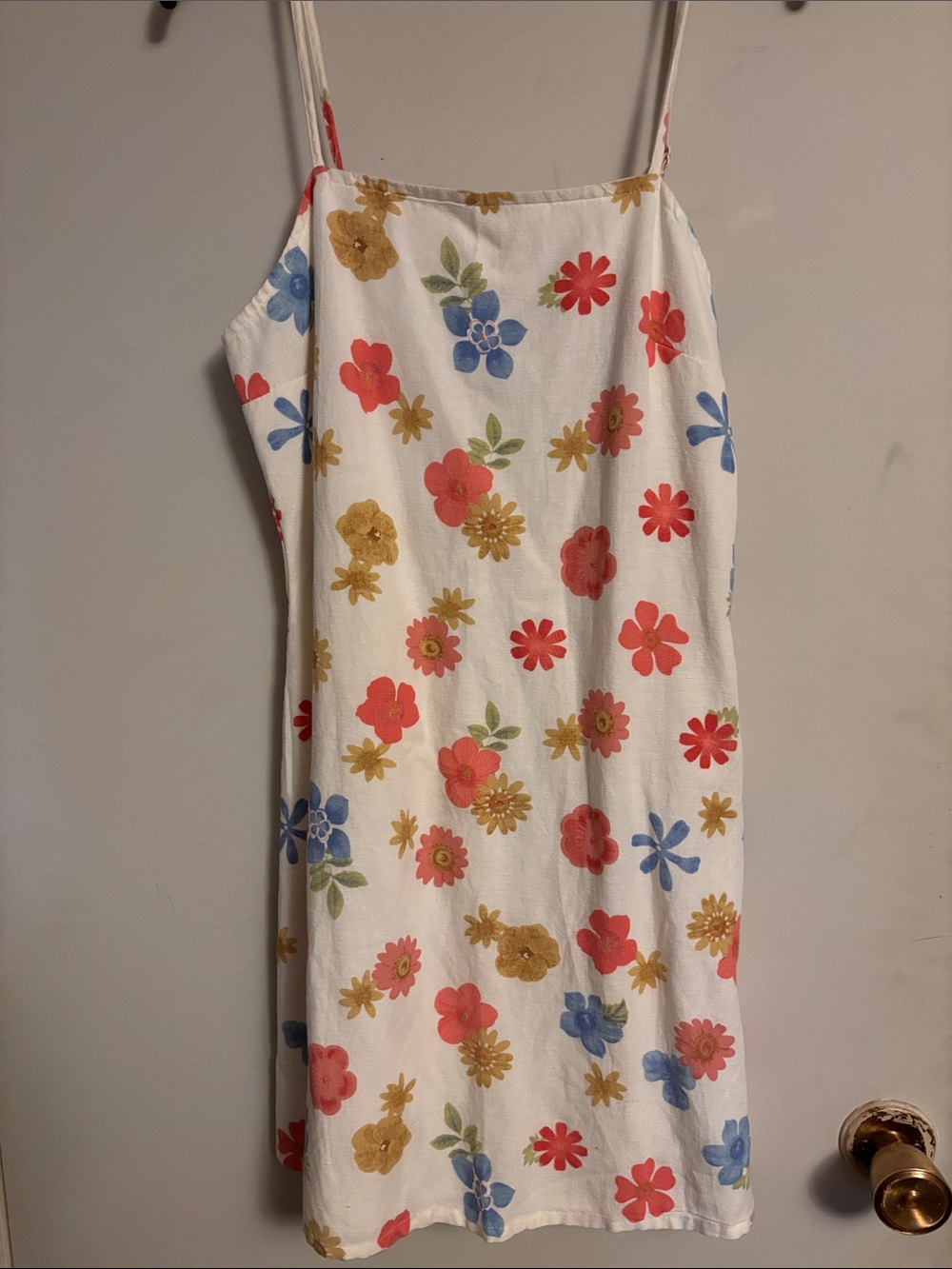 White Floral Slip Dress with Coral, Blue & Mustard Flowers